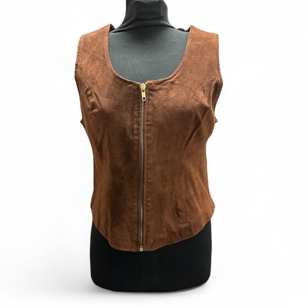 Vintage Nevada Blue Genuine Leather Vest Womens M Brown Zip Western Hippie Boho